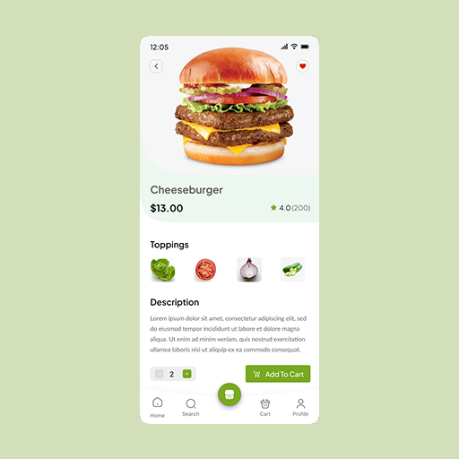 App mockup showing a vibrant food delivery interface on a smartphone